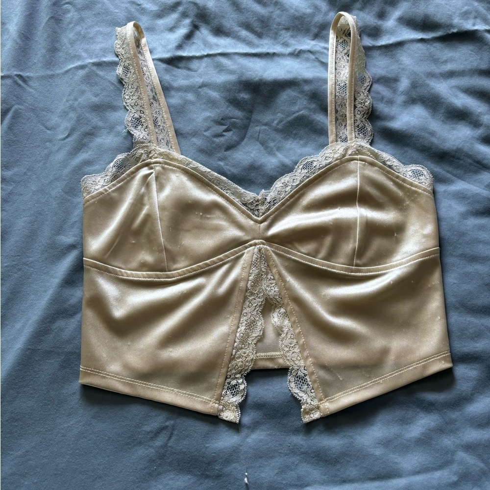 Slinky shiny crème lacy blouse with split front - BUNDLE AND MAKE AN OFFER